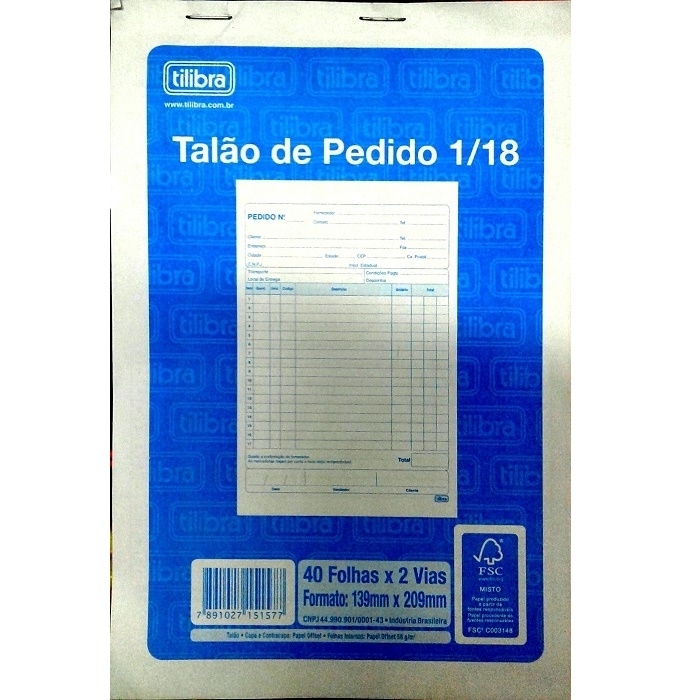 TALAO DE PEDIDO 1/18 2VIAS 40 FLS 151572 TILIBRA UND