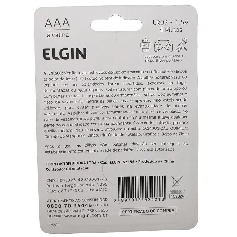 PILHA PALITO ALCALINA AAA 1.5V LR03 ELGIN CARTELA 02 UNDS