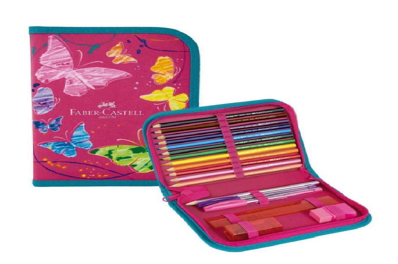 ESTOJO KIT ESCOLAR 18PCS BORBOLETA ROSA 182208RS FABER CASTELL UND