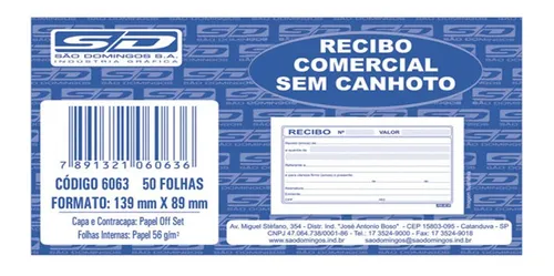 BLOCO RECIBO COMERCIAL S/CANHOTO PEQ 50F 6063 SAO DOMINGOS UND