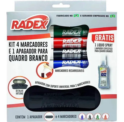 KIT C/4 MARCADORES QUADRO BRANCO + 1 APAGADOR + 1 LIQUID SPRAY 8546 RADEX UND